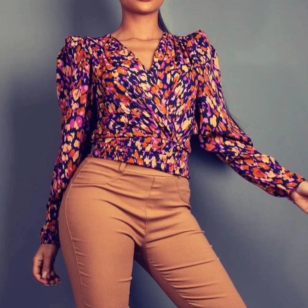 Floral Blouse long sleeve v neck smocked waist top